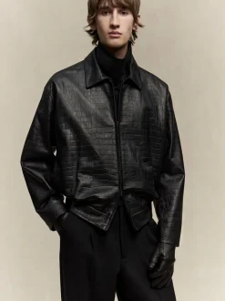 Crocodile Embossed Leather Jacket