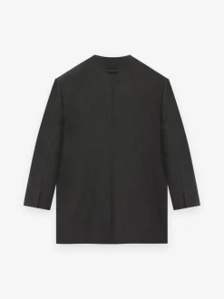 Military Wool Long Relaxed Lapelless Blazer