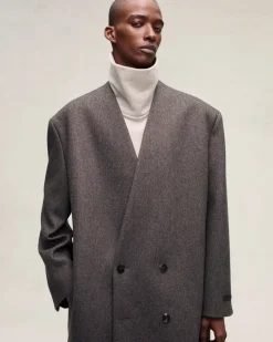 Military Wool Long Relaxed Lapelless Blazer