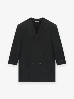 Wool Flannel Long Relaxed Lapelless Blazer